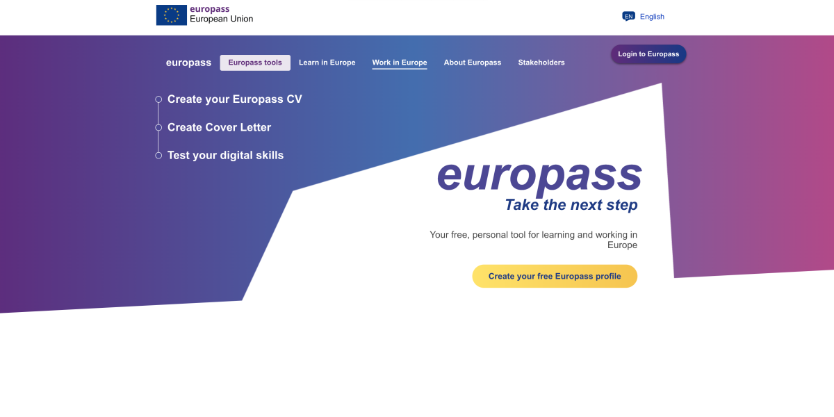 Screenshot of the Europass website