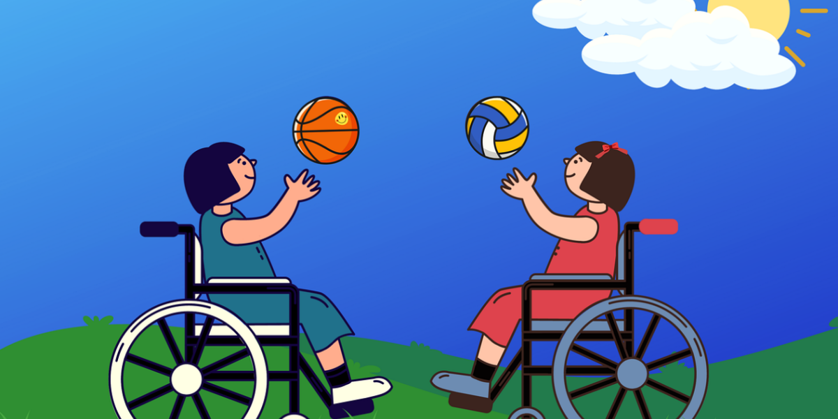 2 girls playing ball in wheelchairs