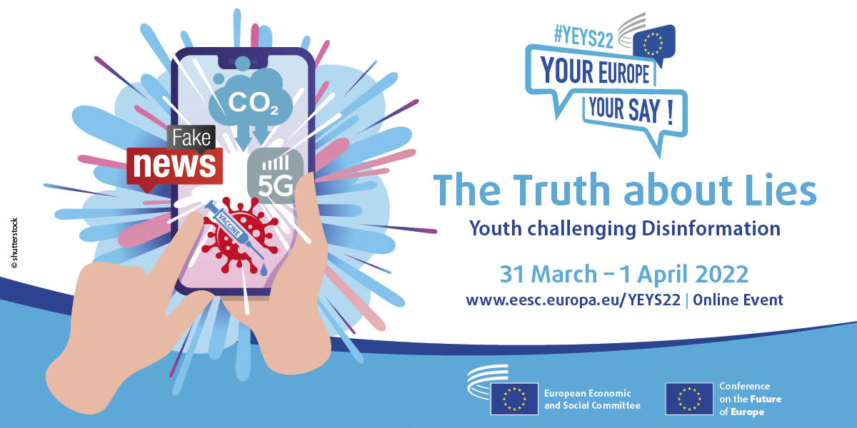 Drawing of a hand holding a smartphone on which appear the various themes discussed during "Your Europe, Your Say!"