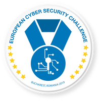 Logo of the European Cyber Security Challenge showing a medal on which there is a drawing of an electric circuit board. 