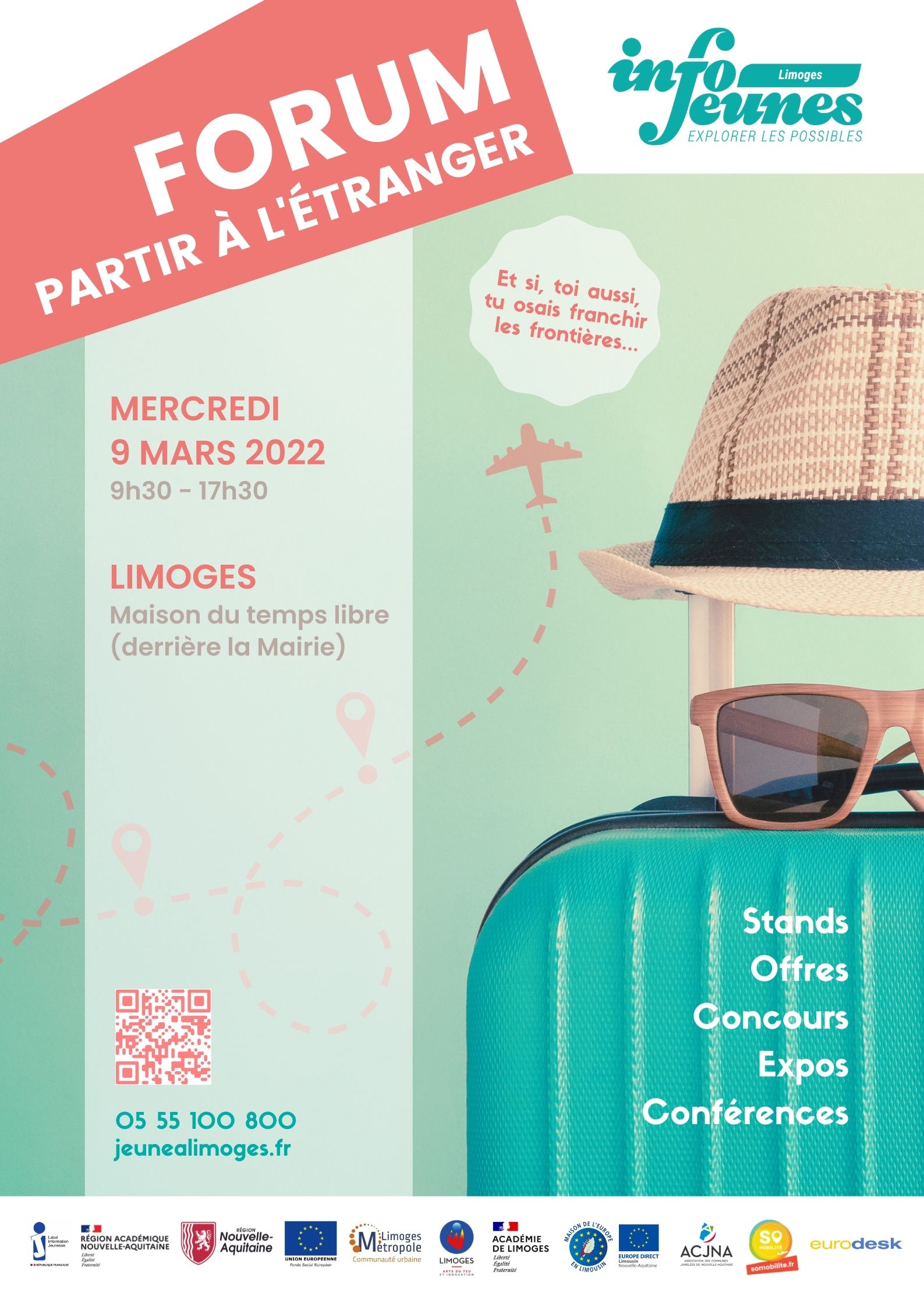 Affiche pour le forum "Partir à l'étranger qui se tiendra le jeudi 9 mars 2022 entre 9h30 et 17h30 à la Maison du temps libre à Limoges (derrière la mairie.