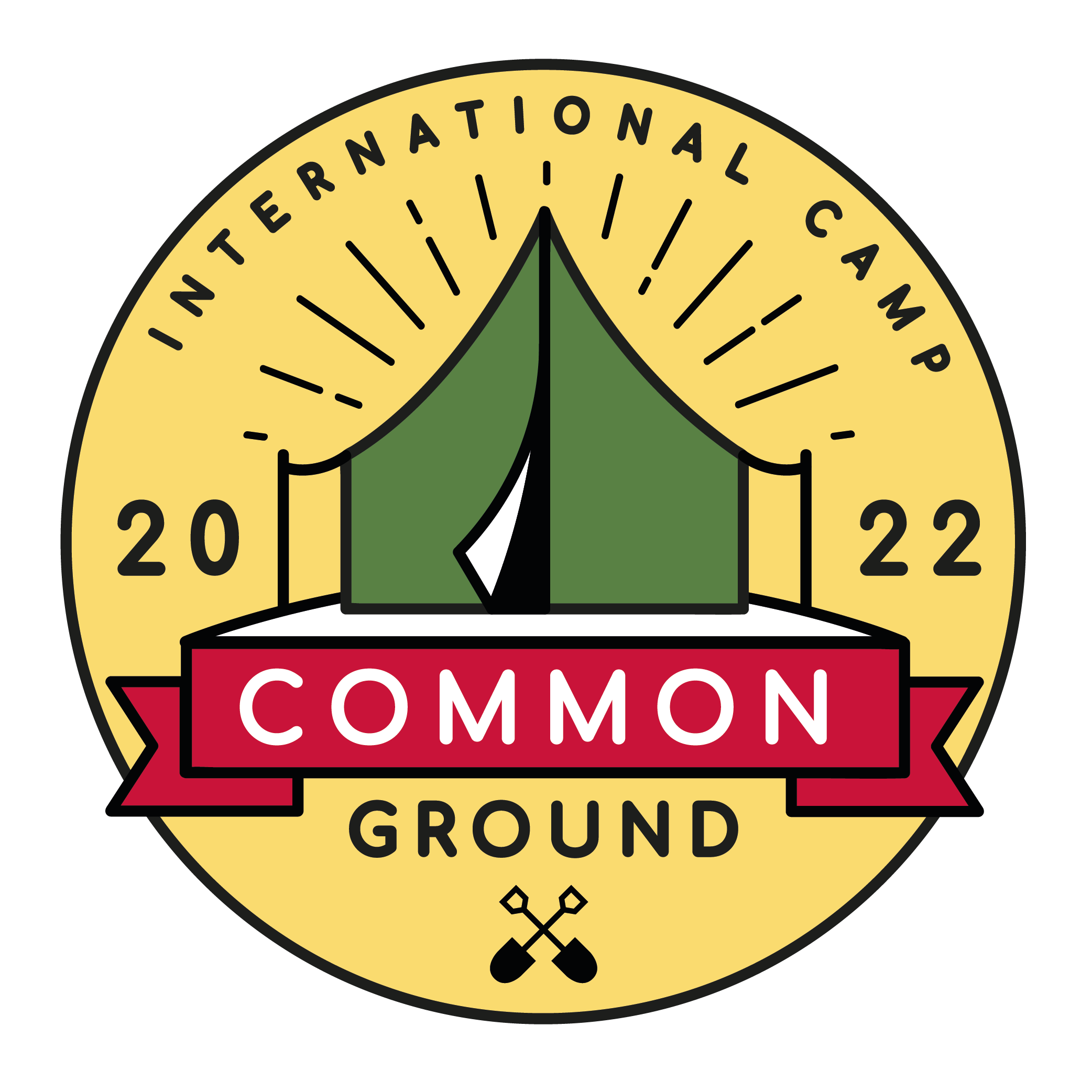 Common Ground Logo showing a tent on a yellow backround and the words: International Camp 2022 Common Ground