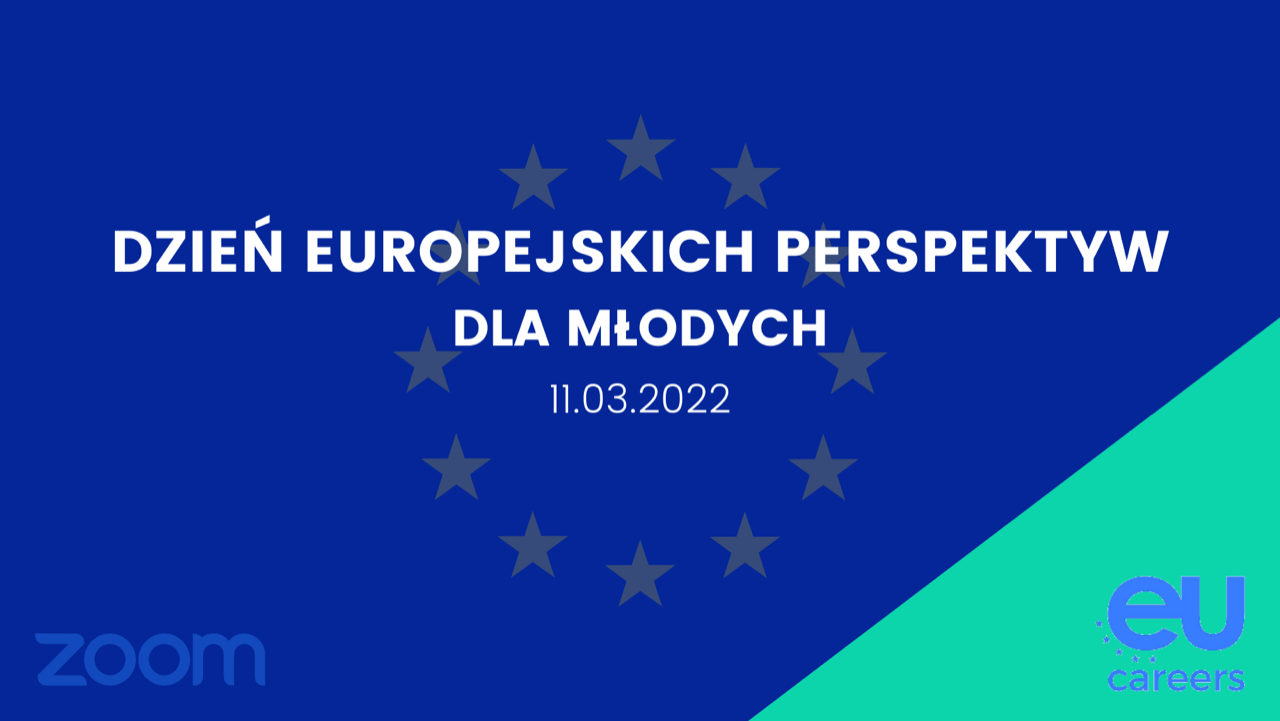 Grafika przedstawiająca tytuł konferencji białymi literami na tle flagi UE.