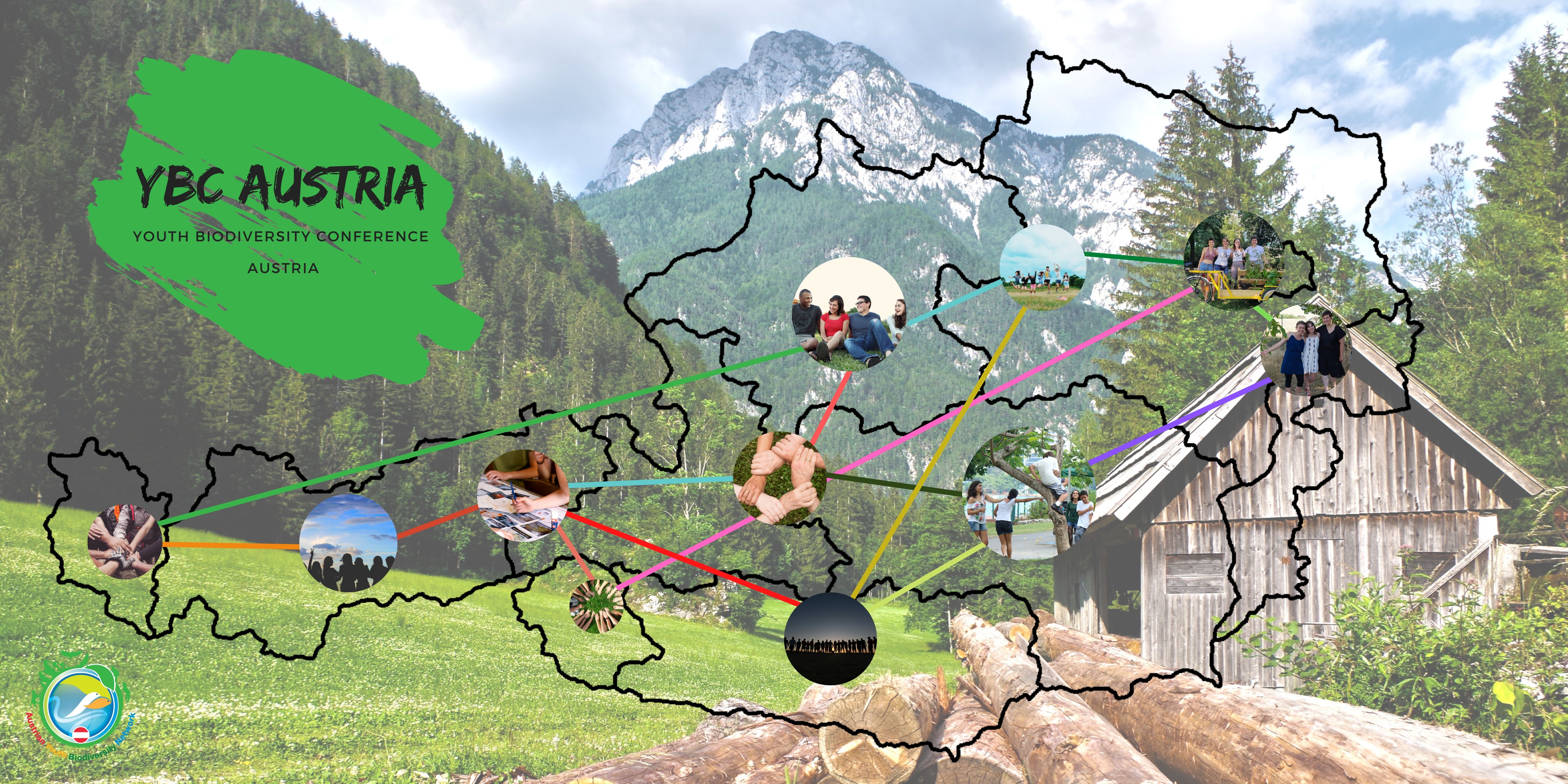 An animated map of Austria connecting different places over a background of a field, a mountain and a shed