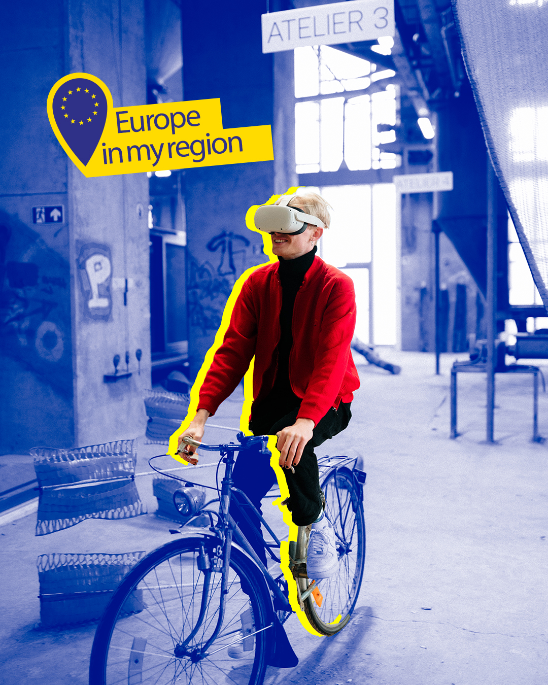 Elias Verwilt with VR goggles on a bike.