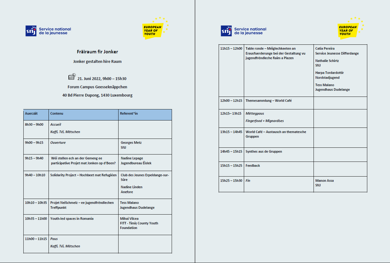 Programme de l'événement "Fräiraum fir Jonker - Jonker gestalten hire Raum"