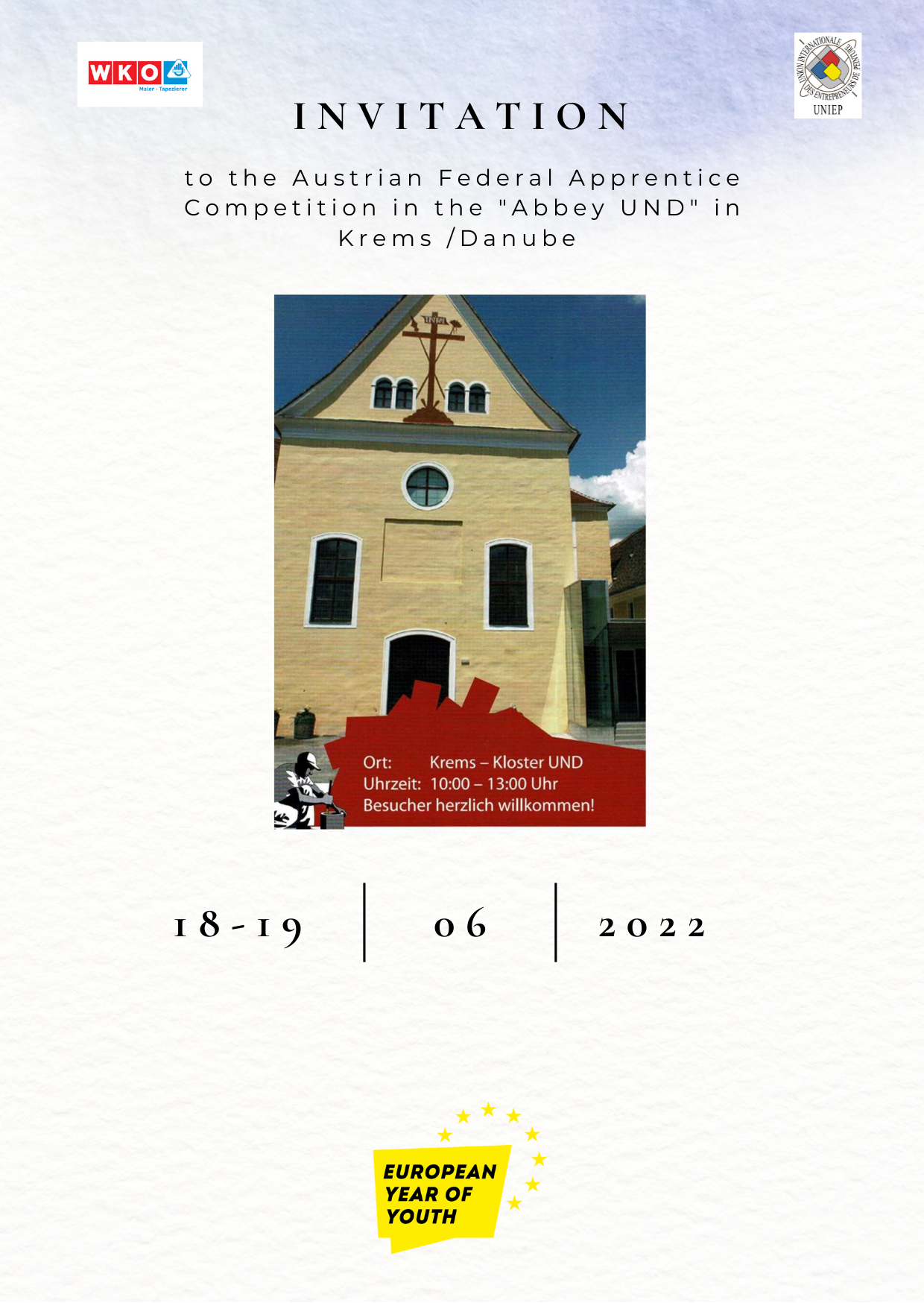 Invitation with photo of the UND abbey and logos of WKO and UNIEP dates: 18-19/06 and EYY logo
