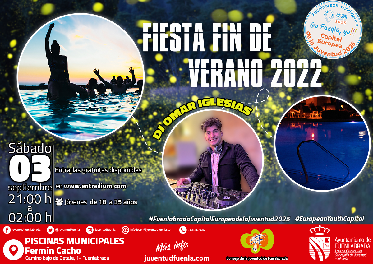 Fiesta Fin de Verano 2022, se ve un grupo de jóvenes en la piscina y un dj