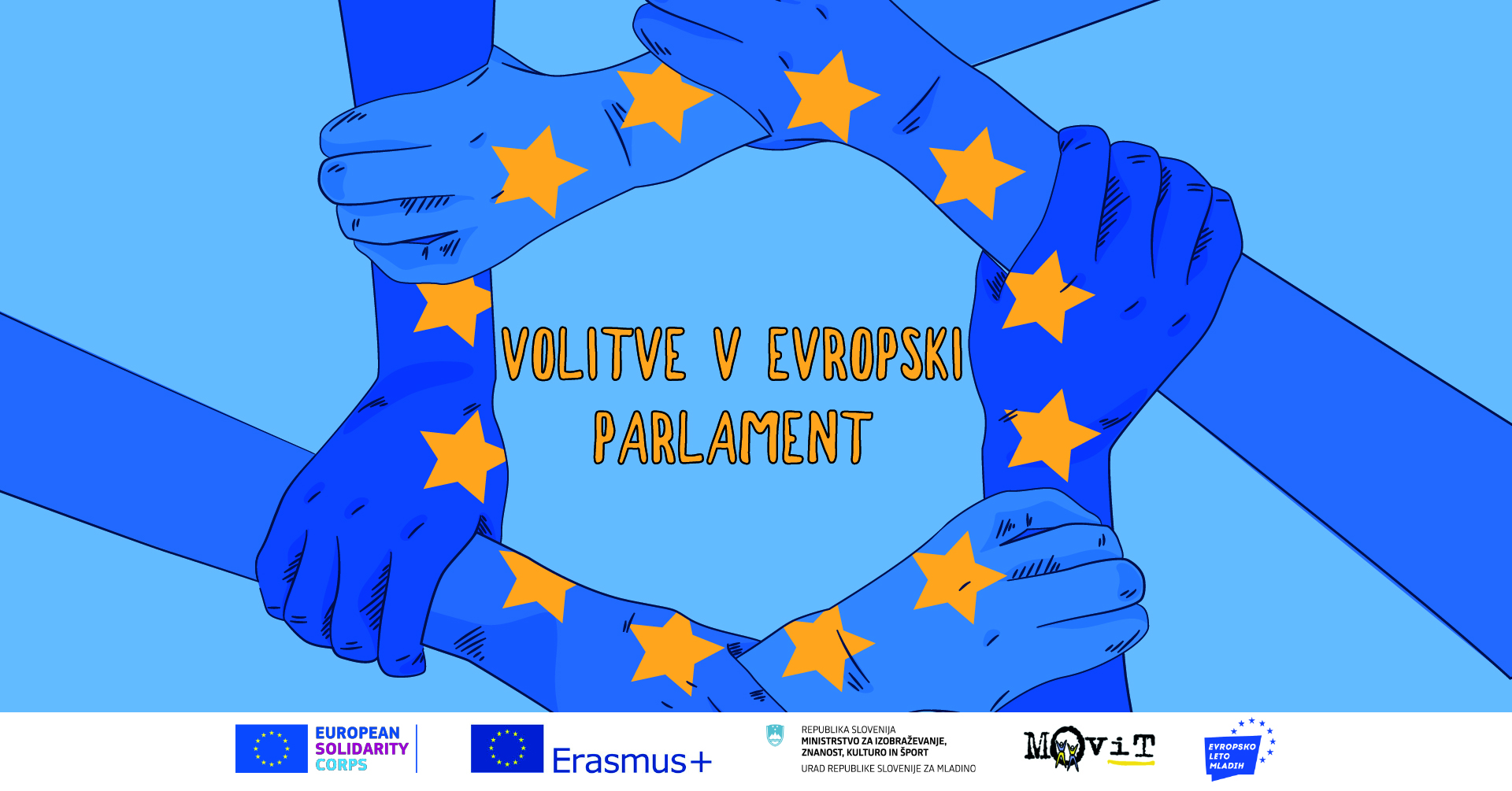 Na sliki so roke, ki se držijo druga druge. Obdaja jih 12 zvez iz zastave Evropske unije