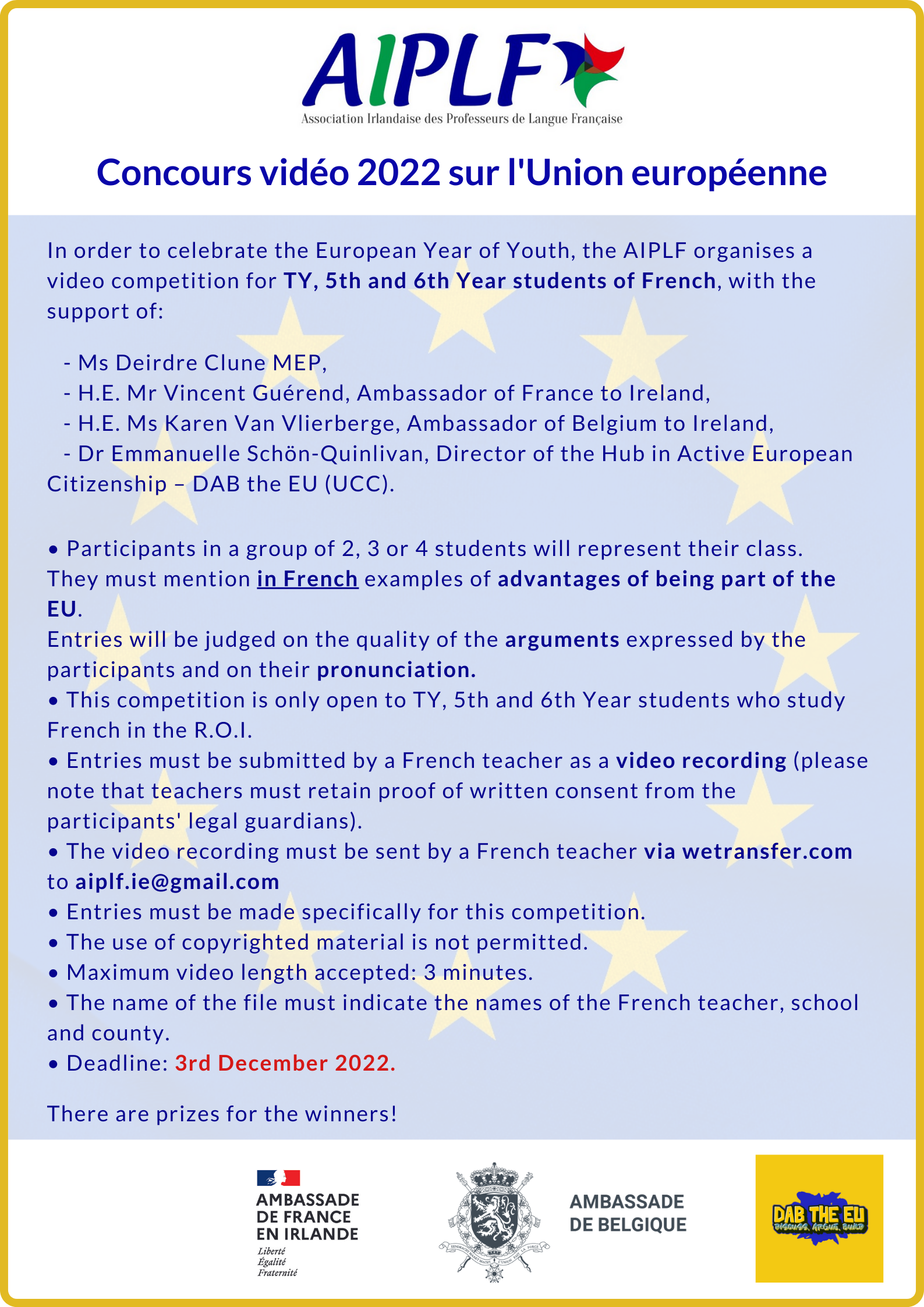 Concours vidéo 2022 de l'AIPLF sur l'Union européenne, conditions de participation.