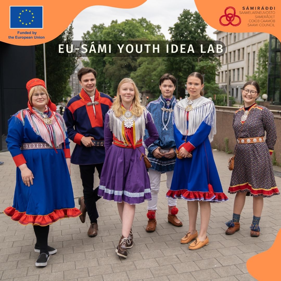 Six Sámi Youth looking towards the camera, dressed in Sámi regalia, gákti.