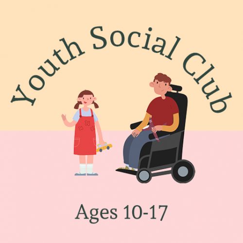 Cartoon of young girl in a red dress standing with a toy and young boy who uses a wheelchair holding a boomerang 