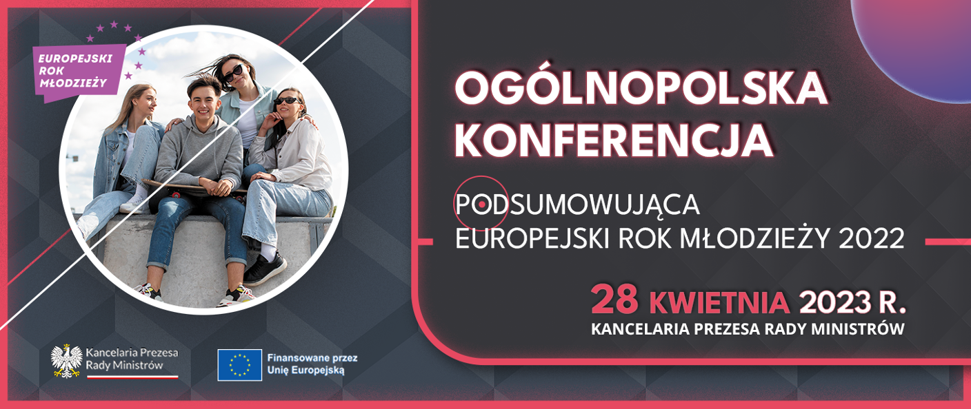 zaproszenie na konferencje, tytuł z prawej strony, siedząca młodzież na obrazku w kółku