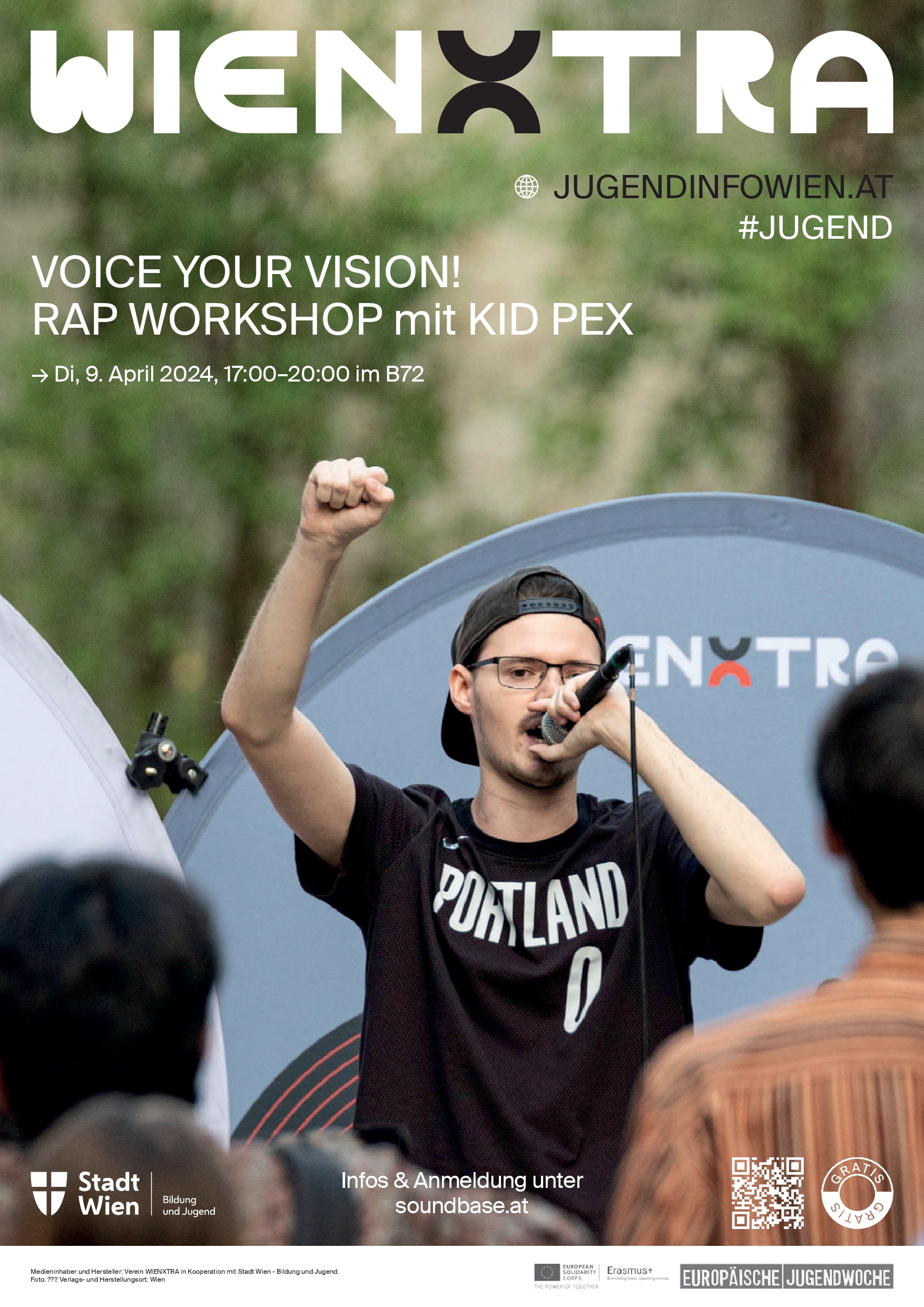 Invitation to Rap Workshop. Young rapper with microphone holding up his fist.