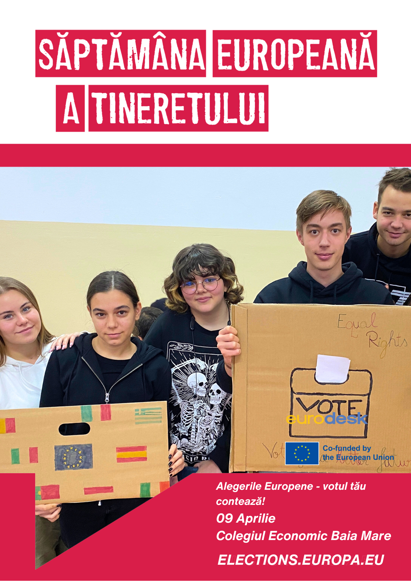A poster showing youth holding a handmade voting box. they are smiling.