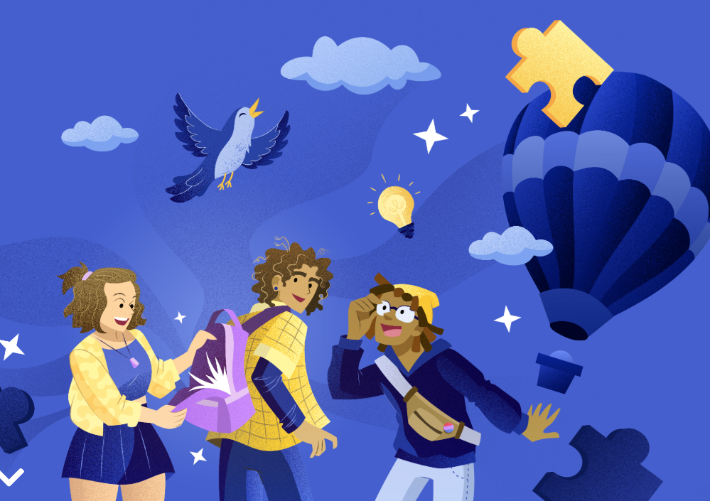Three characters under a blue sky, interacting with a magical book glowing in light. A bird flies above, and a hot air balloon with a puzzle piece is visible. A light bulb icon appears near one character’s head.