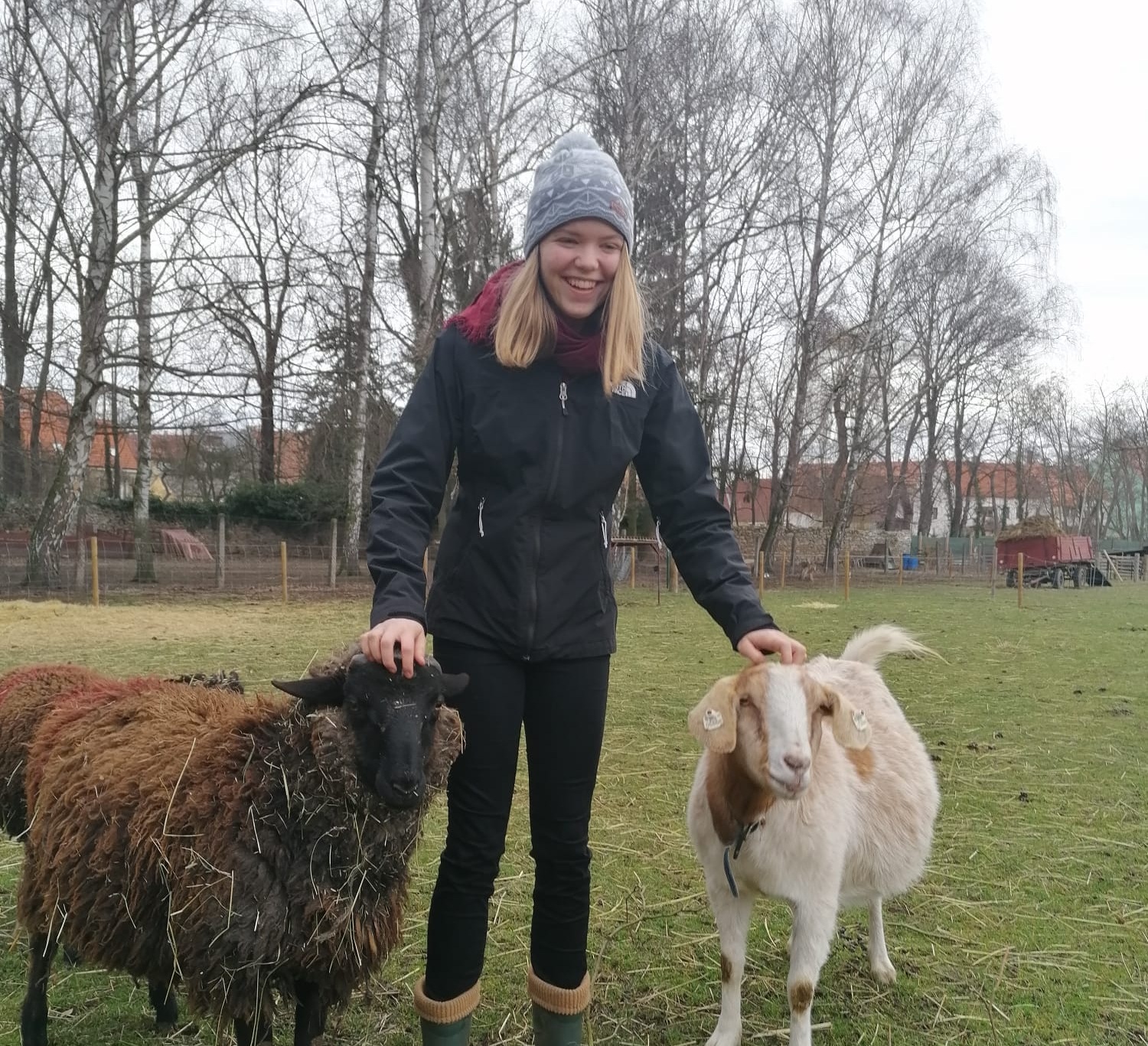 Emma with sheep on the educational farm