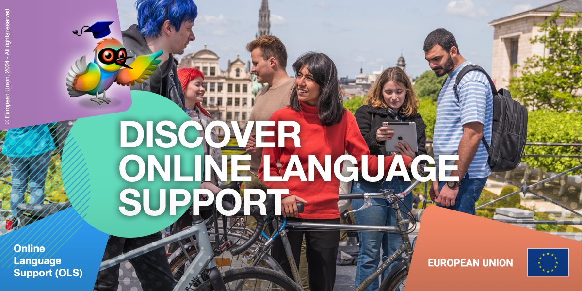 Six young adults with bicycles, talking to one another, in a city. The text reads ‘Discover Online Language Support’