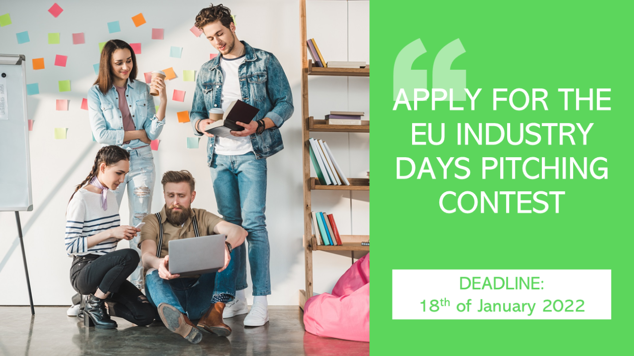 Four young people brainstorming for the Pitching contest part of the EU Industry Days 2022