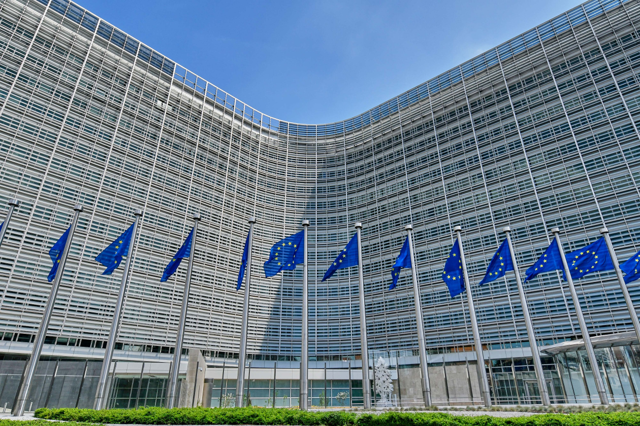 The Berlaymont Building and European Flags