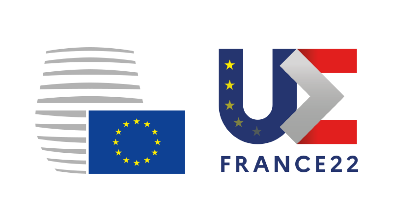 The logo of the EU Council, together with the logo of the French Presidency 2022