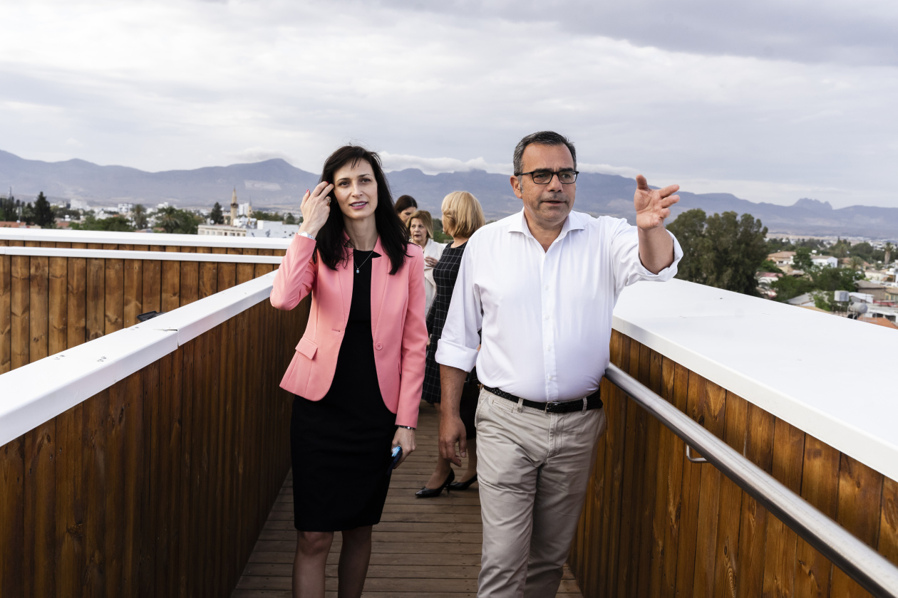 Constantinos Yiorkadjis, Mayor of Nicosia, on the right, and Mariya Gabriel, visit rooftop of the Nicosia City Hall.