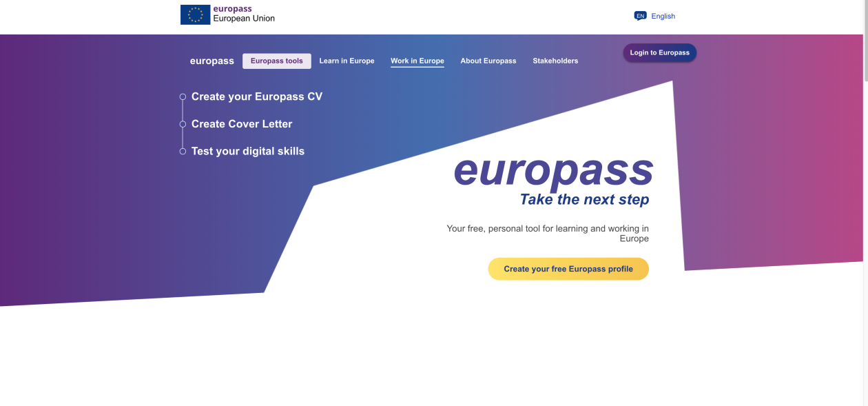 Screenshot of the Europass website