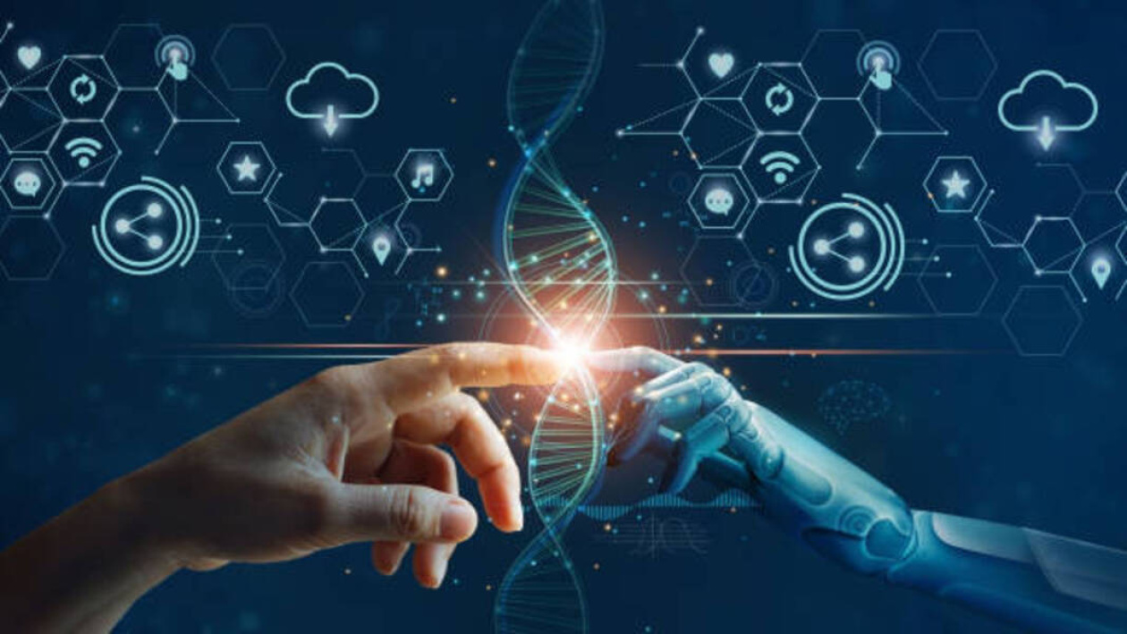 DNA Hands of a machine and human touching on DNA