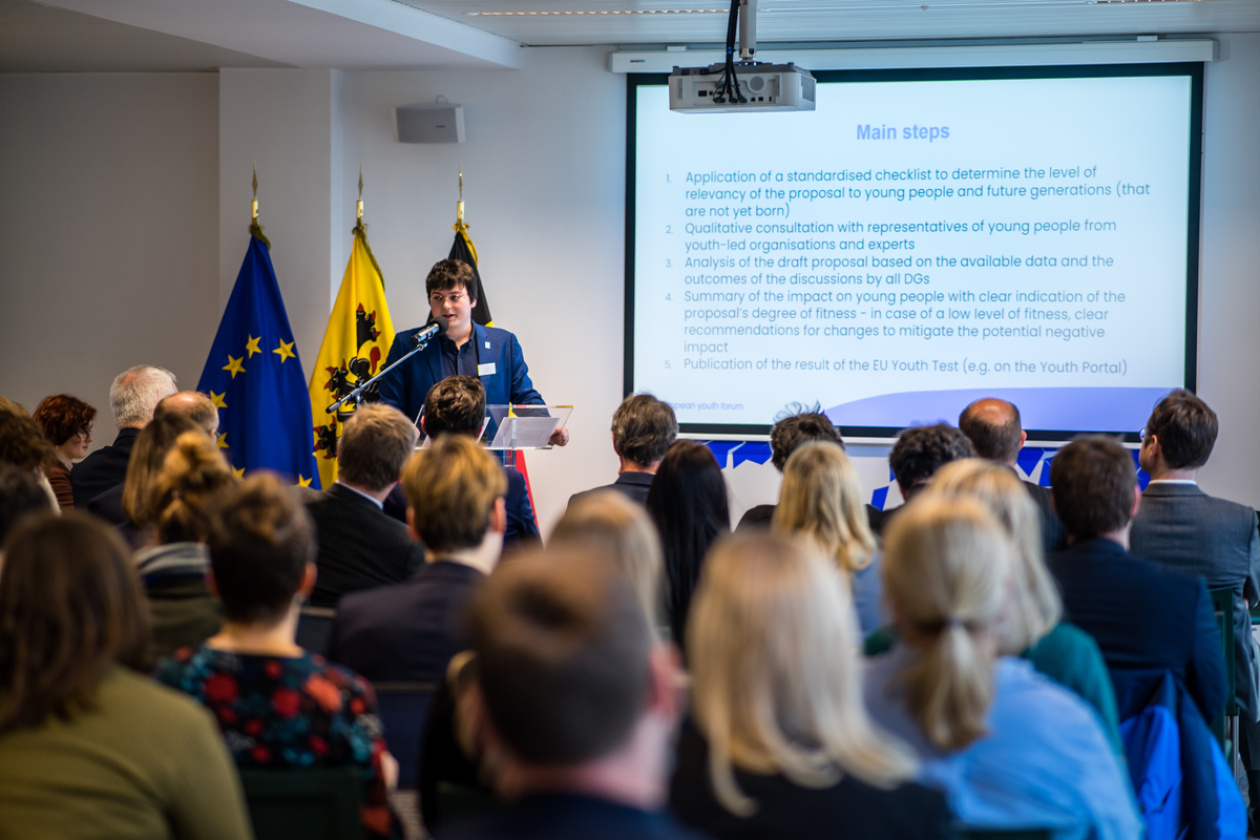 Event on the EU Youth Test/Check - young person is speaking to stakeholders