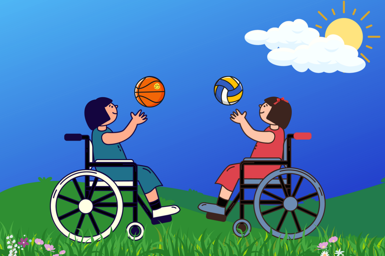 2 girls playing ball in wheelchairs