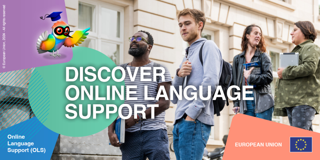 Four young adults carrying books in a city. The text reads ‘Discover Online Language Support’.