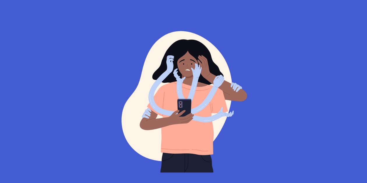 Illustration. A young female holding a phone. 