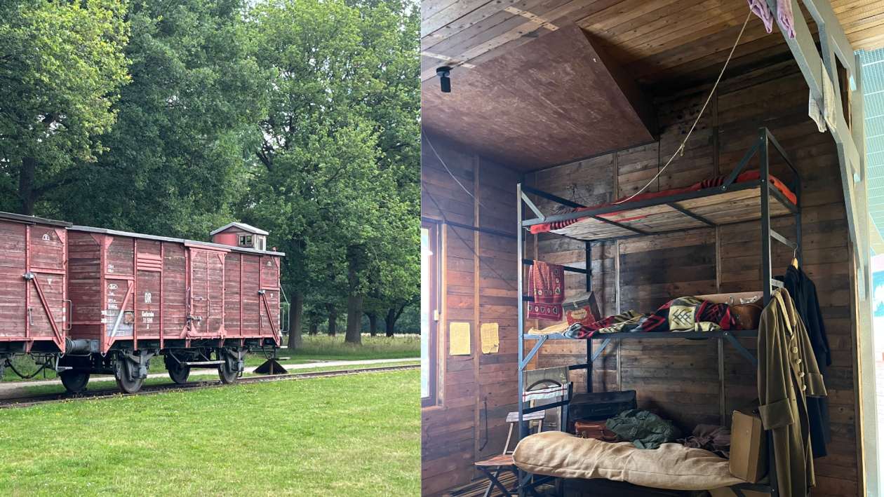 Split image of a red antique train carriage in a green area, and a rustic interior with a metal bunk bed, colourful blanket, and various personal items.