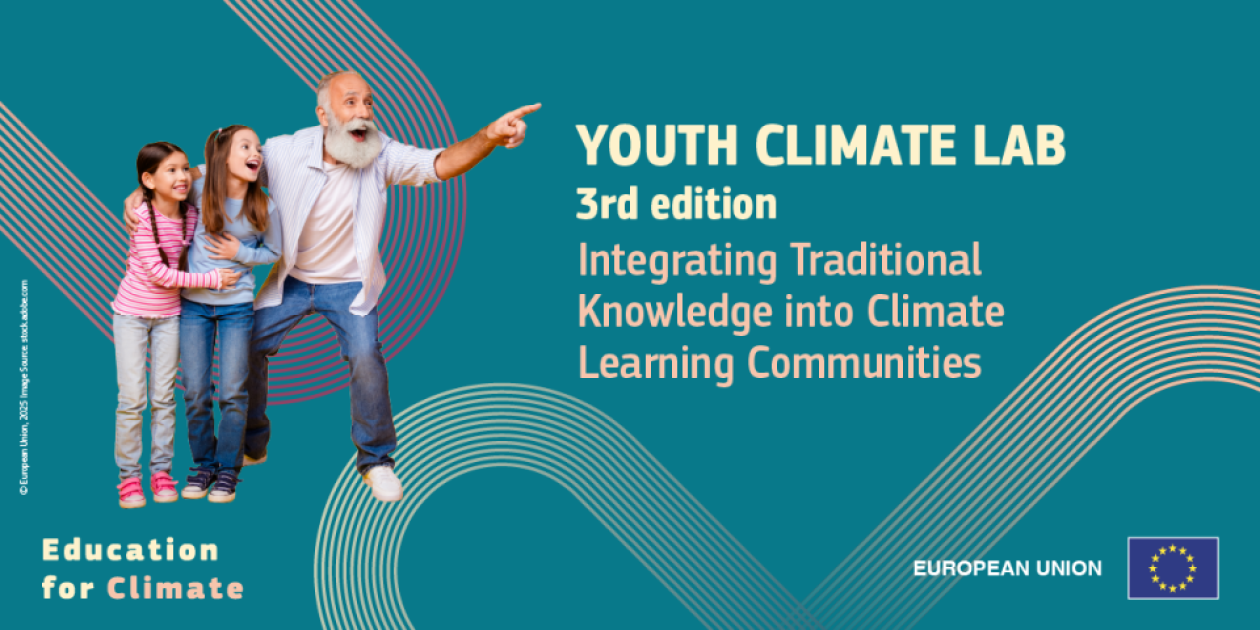 Grandfather with two grandchildren pointing at the text. The text reads ‘Youth Climate Lab third edition, 15-20 September 2025. How to integrate traditional ecological knowledge into learning communities.’