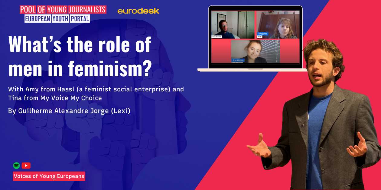 Poster titled “What’s the role of men in feminism?” with a speaker and a laptop showing a video chat with three participants, against a blue and pink background with raised fists.