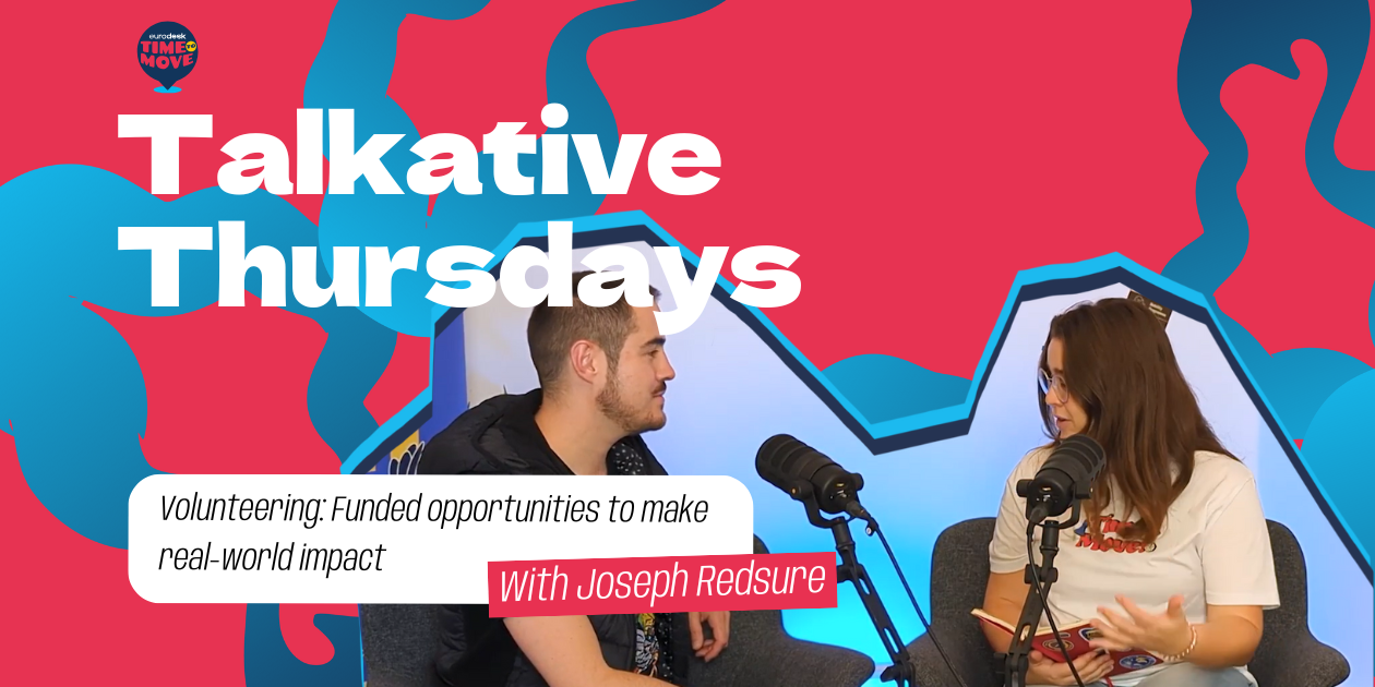 Two people in discussion on a set with microphones and colourful abstract graphics. The text “Talkative Thursdays” is displayed