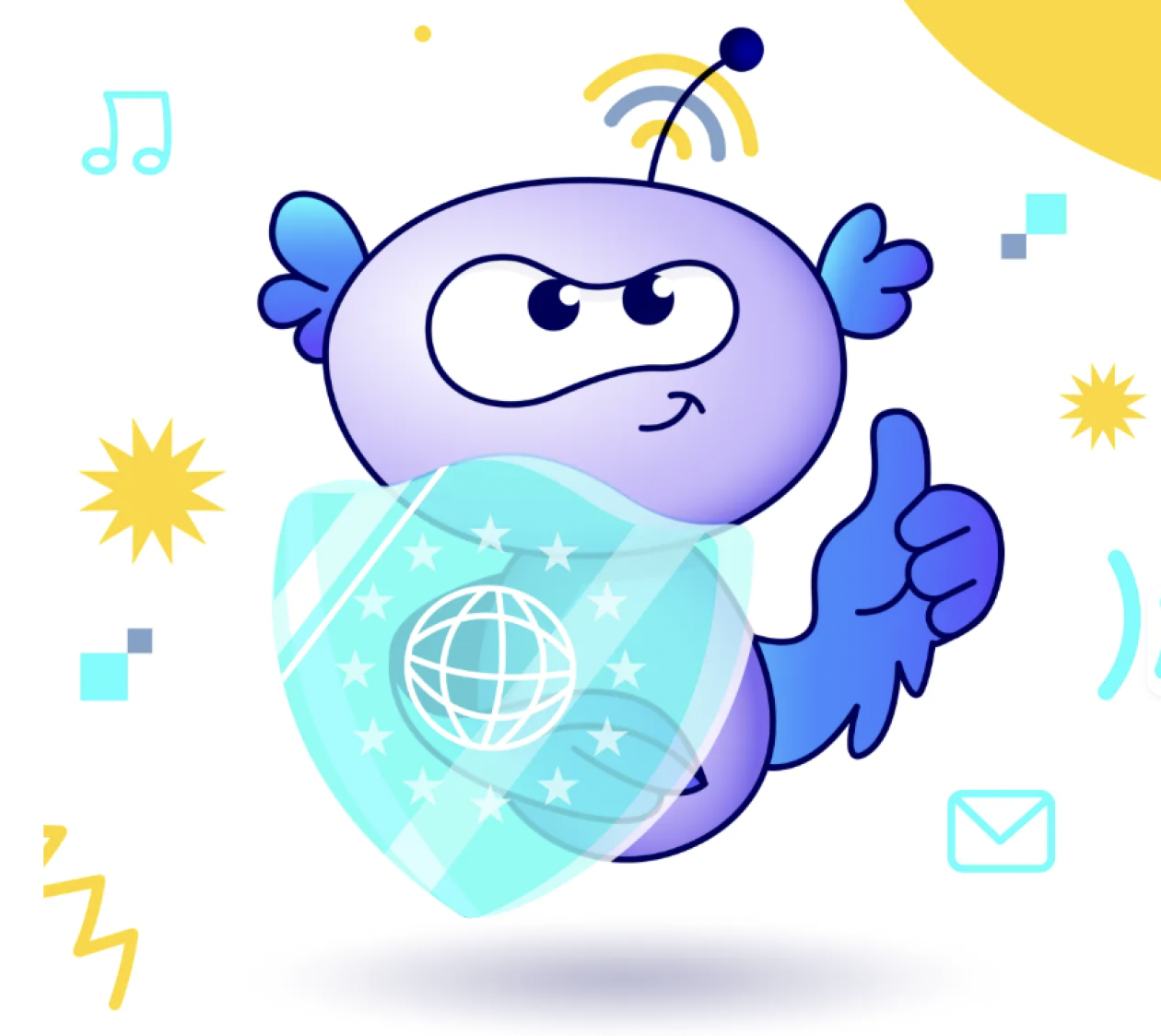 Purple cartoon character with antennae holding a shield displaying a globe and stars, giving a thumbs up. Surrounded by geometric shapes and icons.