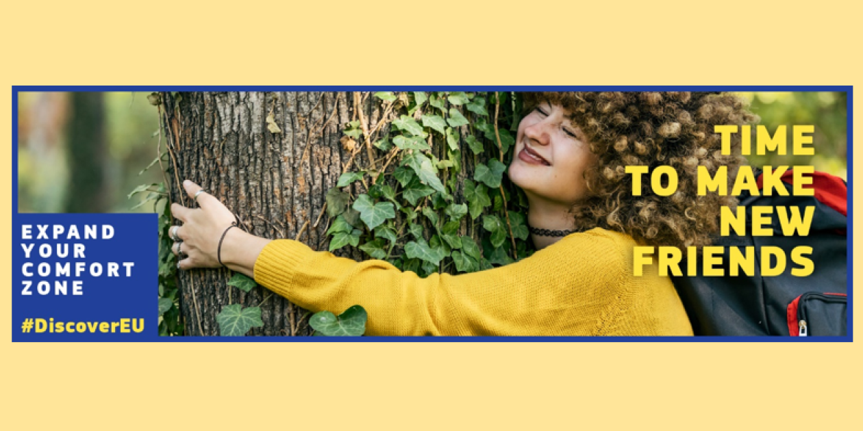 DiscoverEU visual with a girl hugging a tree