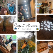 A collage of various moments: friends posing in a mirror, a group walking outdoors, a person inside a tree, a woman in a dressing room, a group hug, people at a sports event, and a woman with a cat. The centre text reads "Sigrit Alumnum, Autumn @Växjö" with Estonian and Swedish flags.