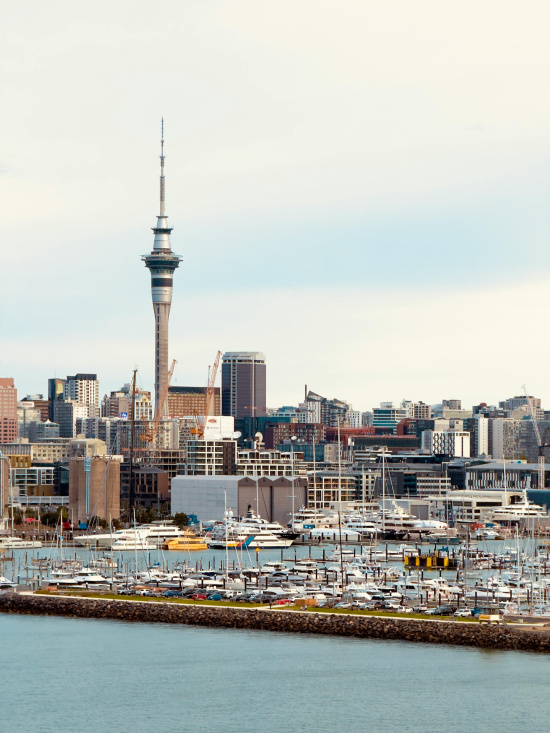 The image depicts a bustling cityscape featuring a prominent tall tower, likely a telecommunications or observation tower, surrounded by modern high-rise buildings. In the foreground is a busy marina with numerous boats and yachts docked in the water alongside a stone breakwater.