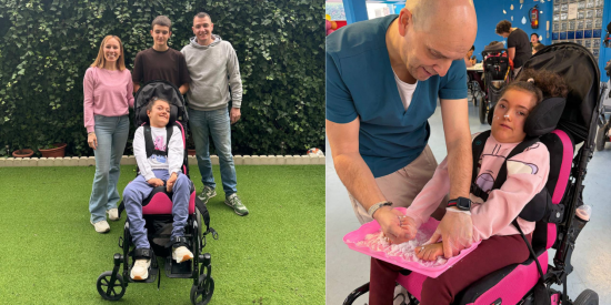 LEFT: Irene’s family after she returns from school. At the front, Irene. Then, left to right: Susana, Rubén and Miguel. RIGHT: Irene practising sensorial stimulation in School with Raúl.